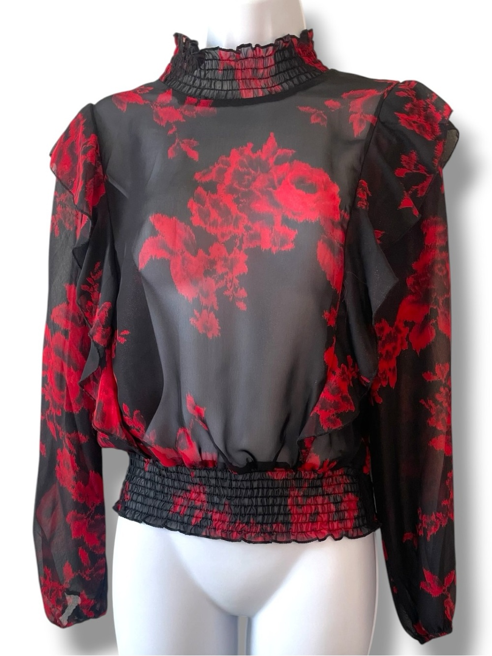 Sheer Floral Smocked Blouse Black Red Romantic Goth Cottagecore Top - L.I.F.E - Picture 6 of 8